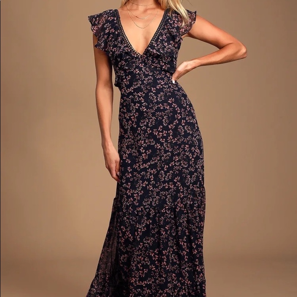 Navy Blue Floral Print Ruffled Maxi Dress